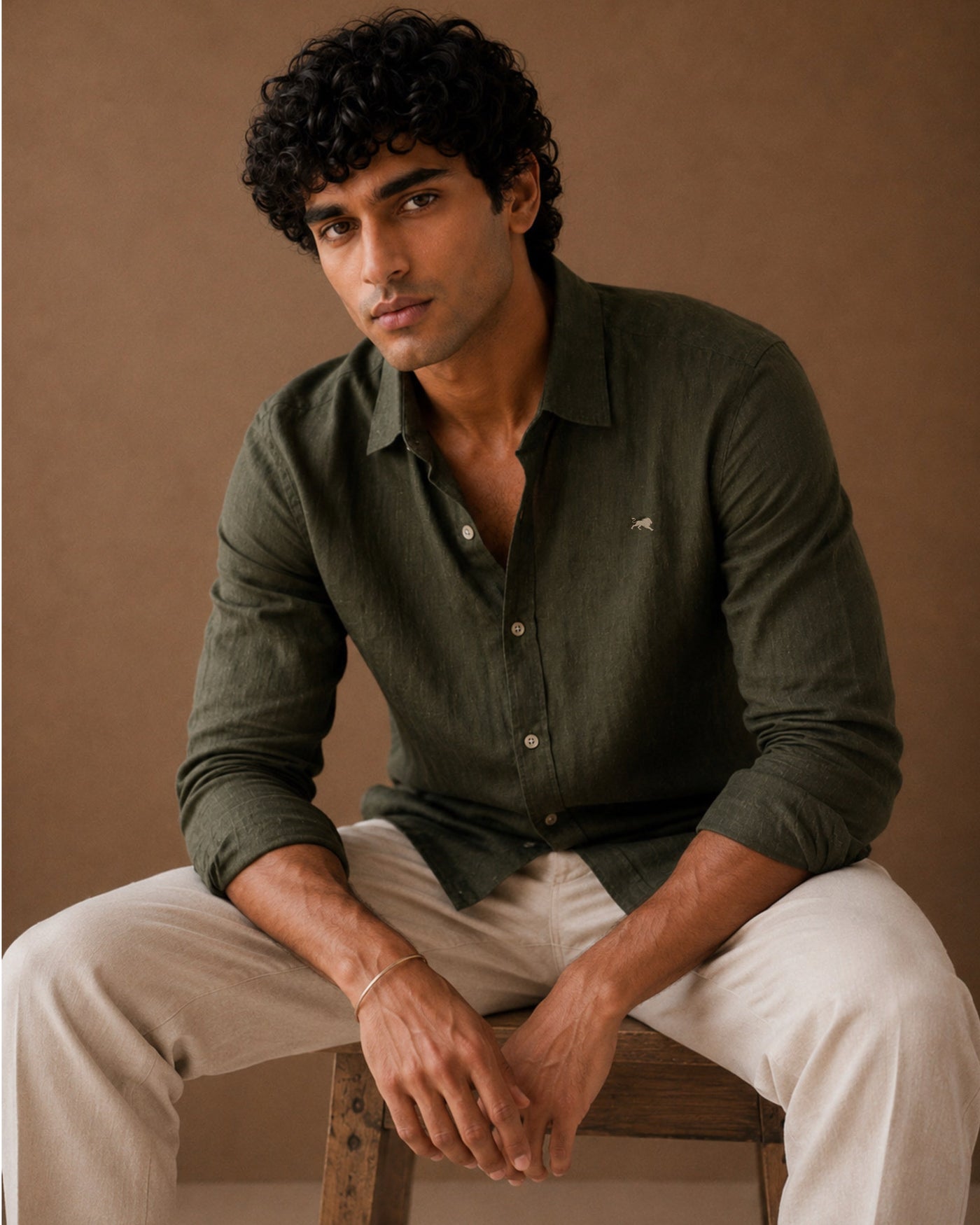 Dark Olive Green Cotton-Linen Shirt