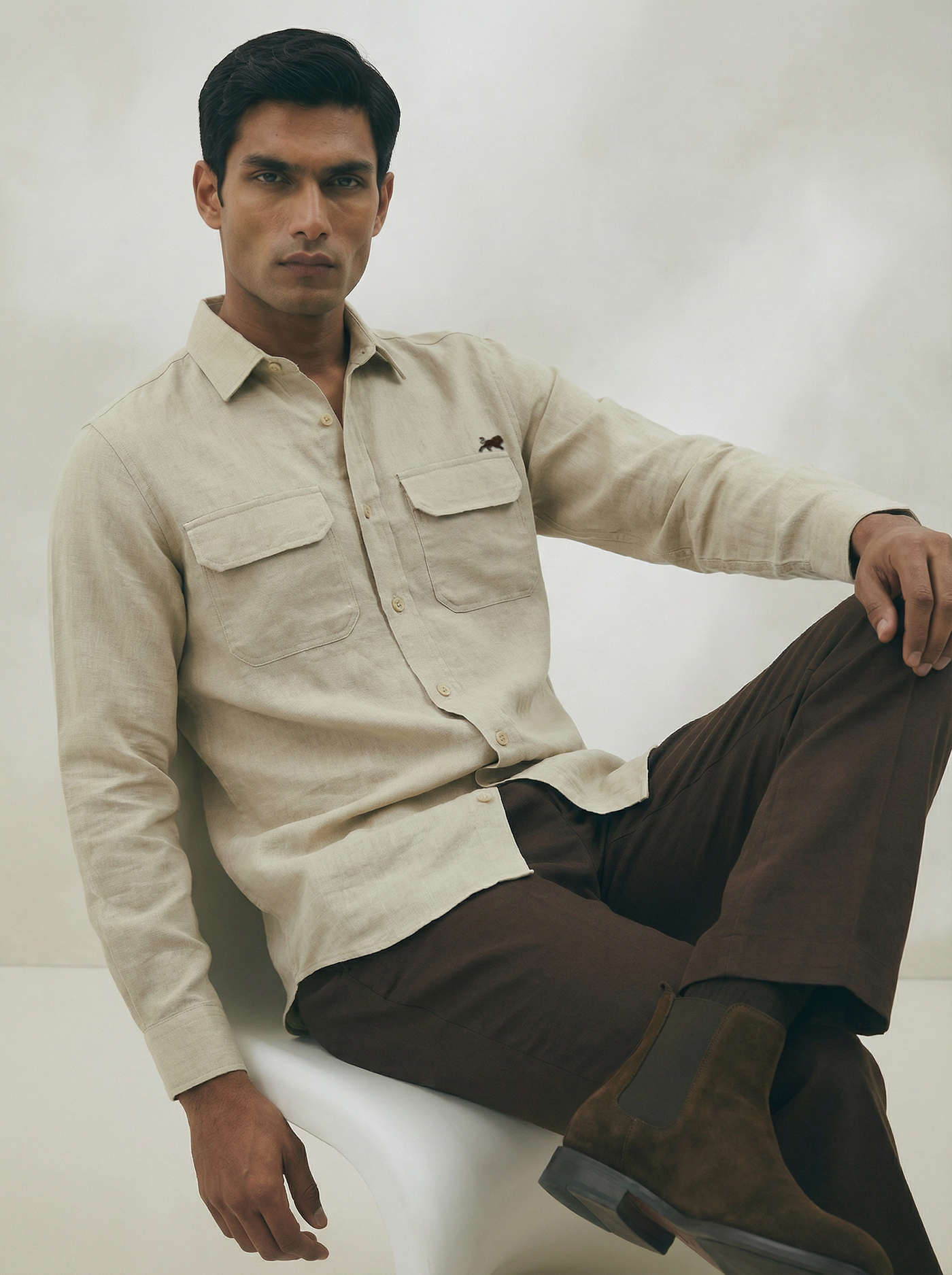 Flannel Double Pocket Beige Shirt.