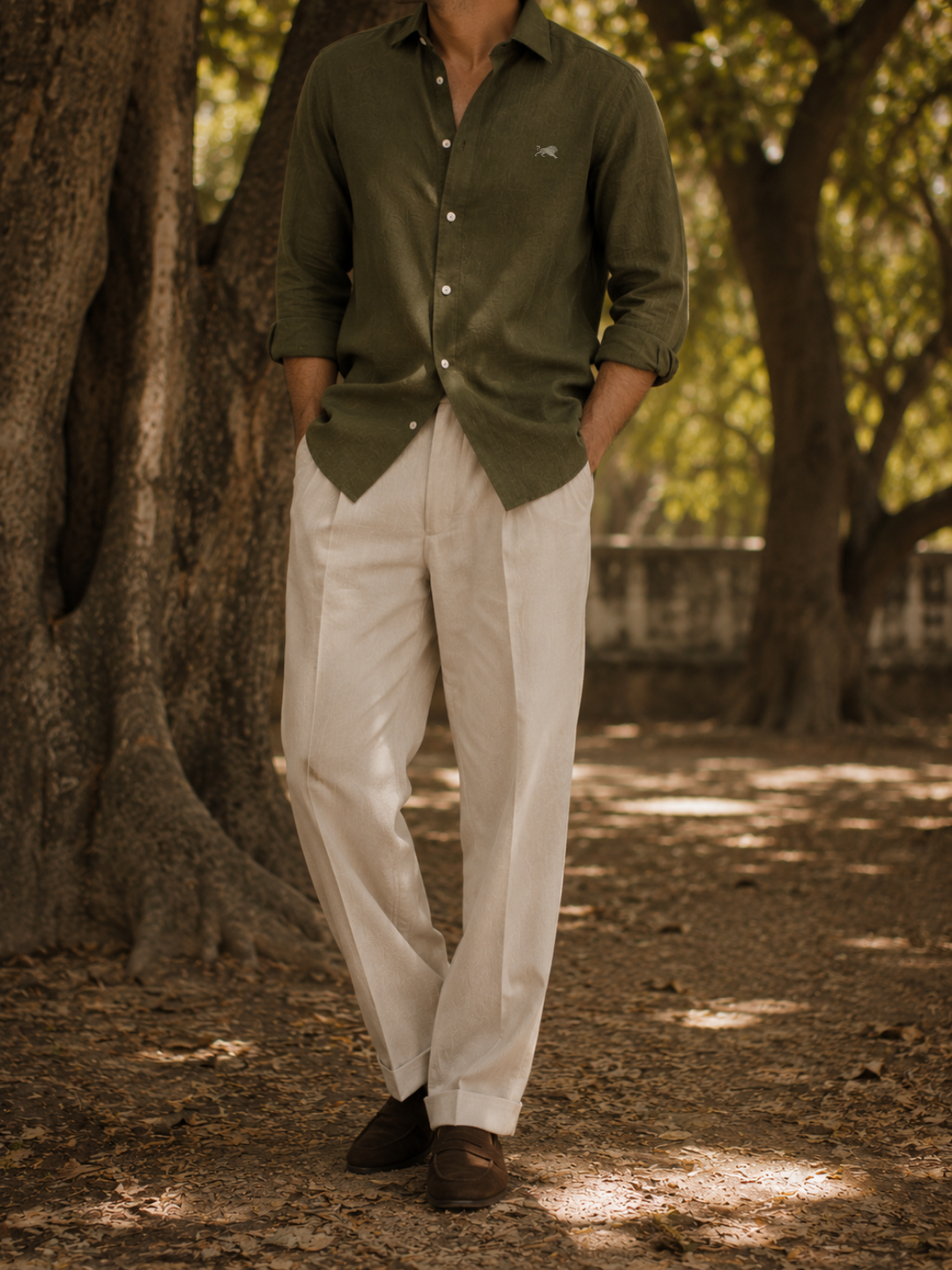 Dark olive linen shirt trouser pairing