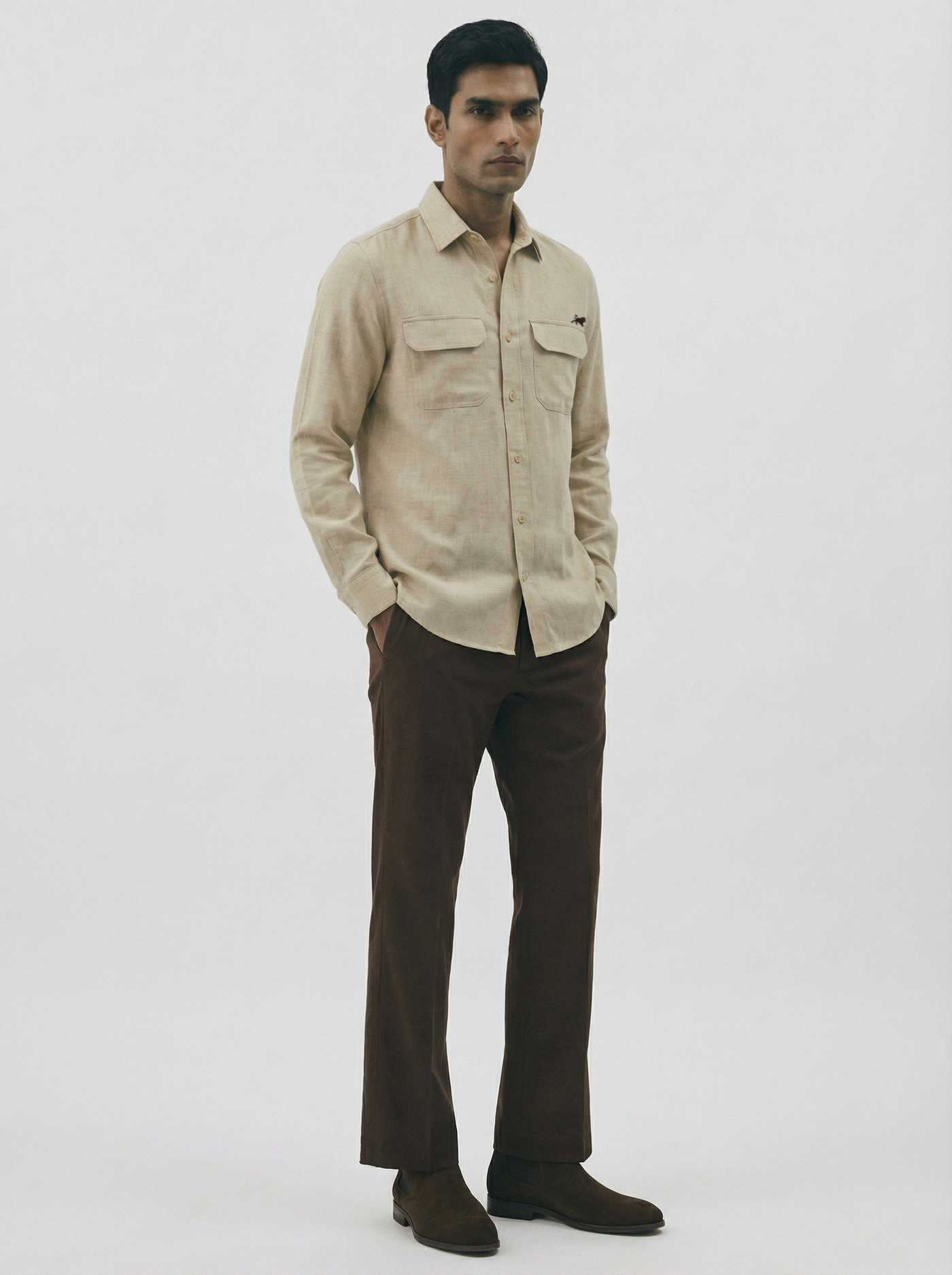 Flannel Double Pocket Beige Shirt.