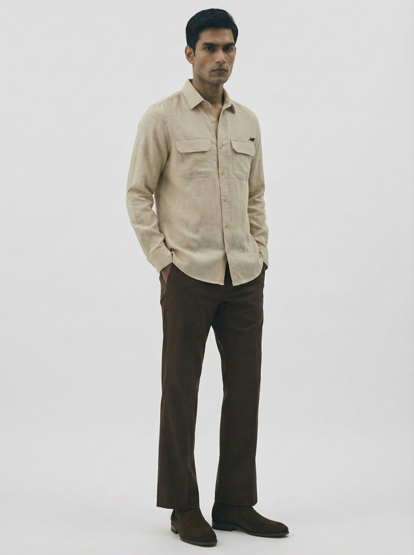 Flannel Double Pocket Beige Shirt.