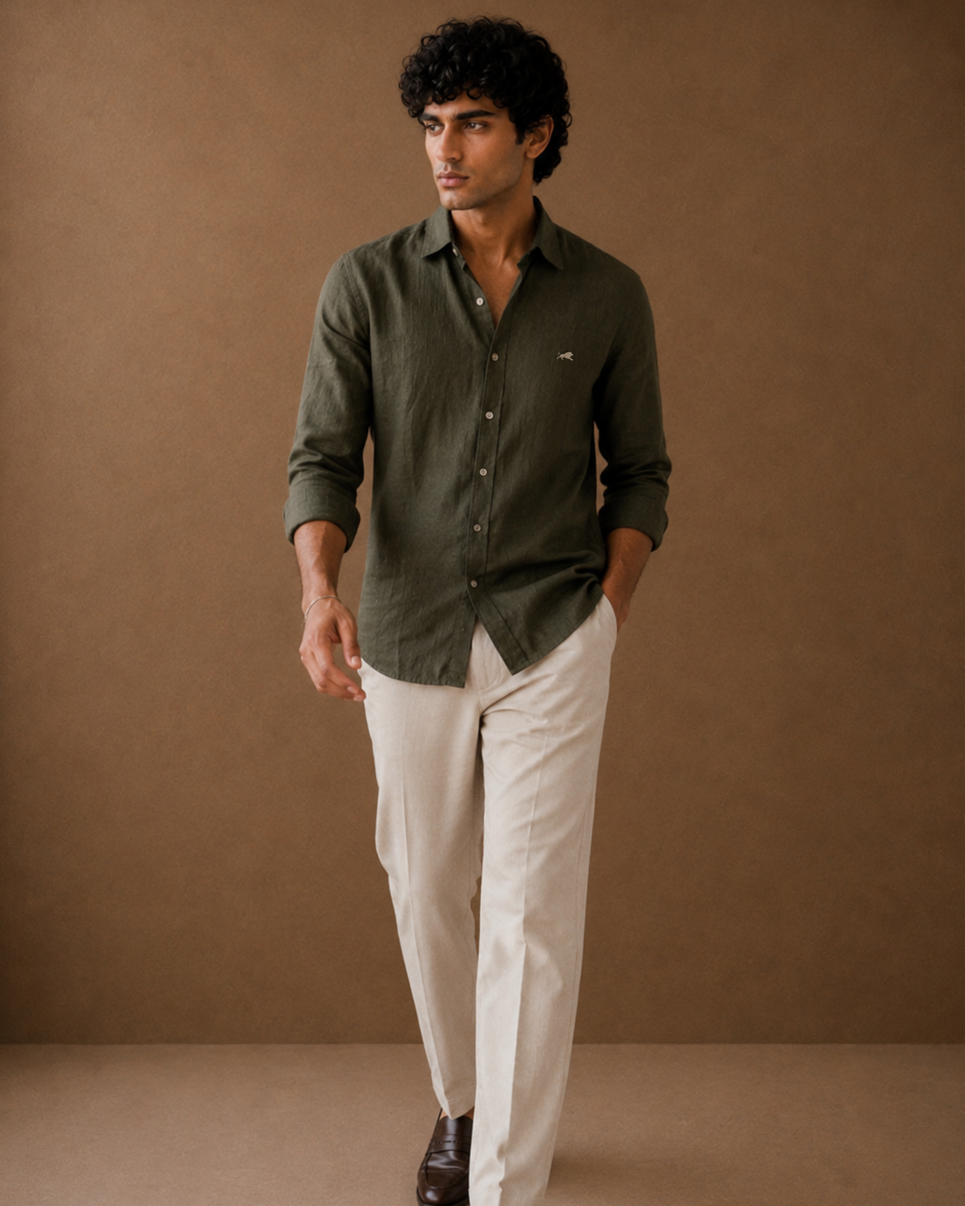 Dark Olive Green Cotton-Linen Shirt