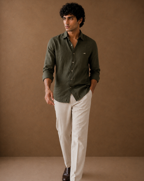 Dark Olive Green Cotton-Linen Shirt
