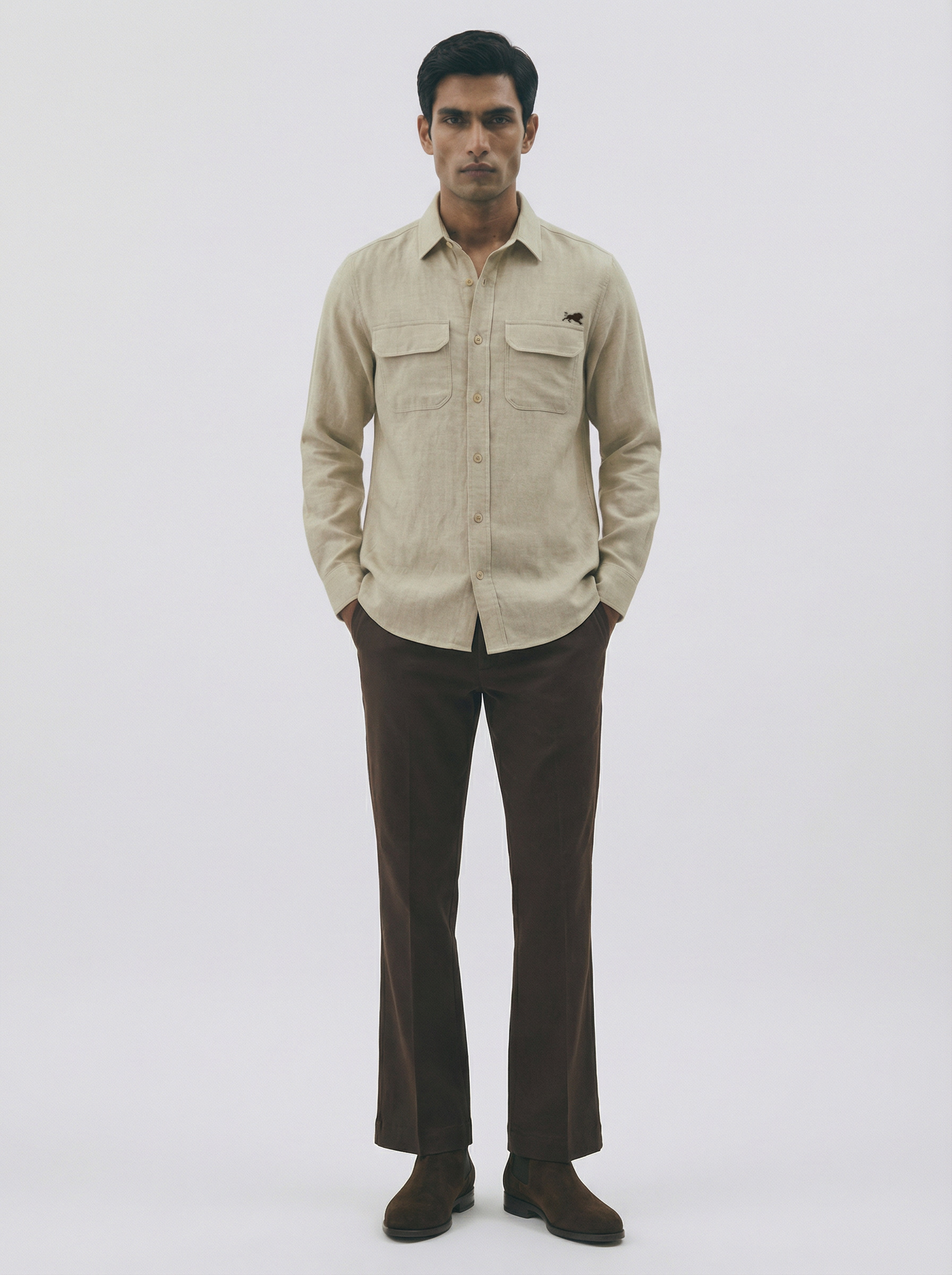 Flannel Double Pocket Beige Shirt.