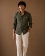Dark Olive Green Cotton-Linen Shirt