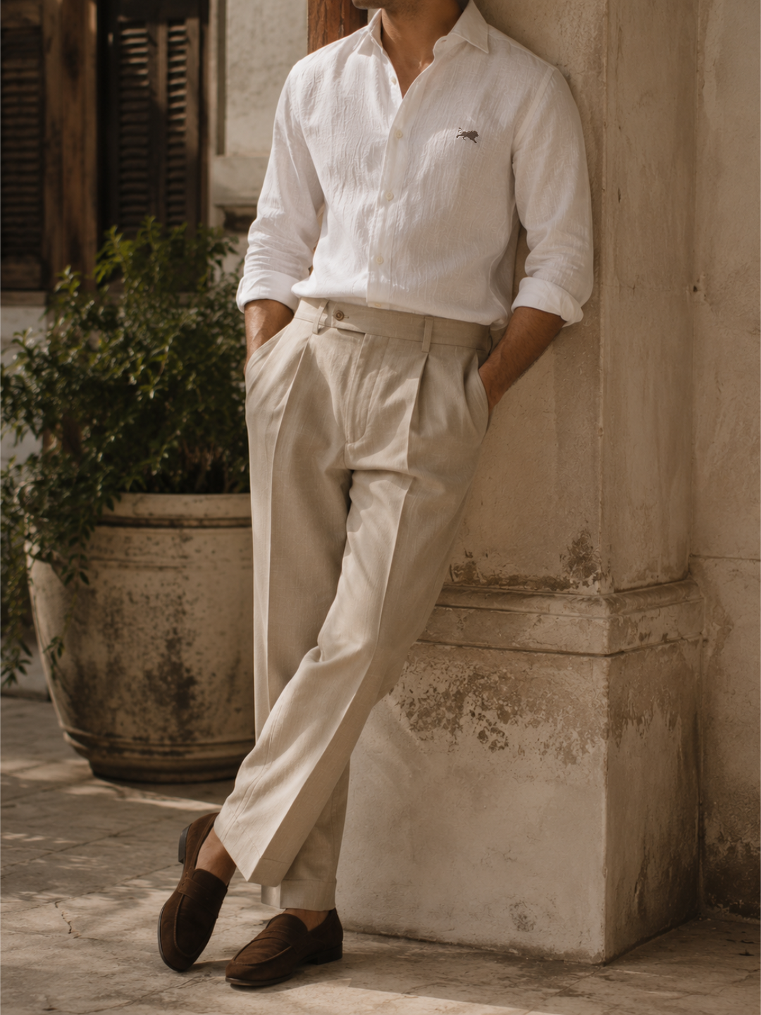 White linen shirt trouser pairing