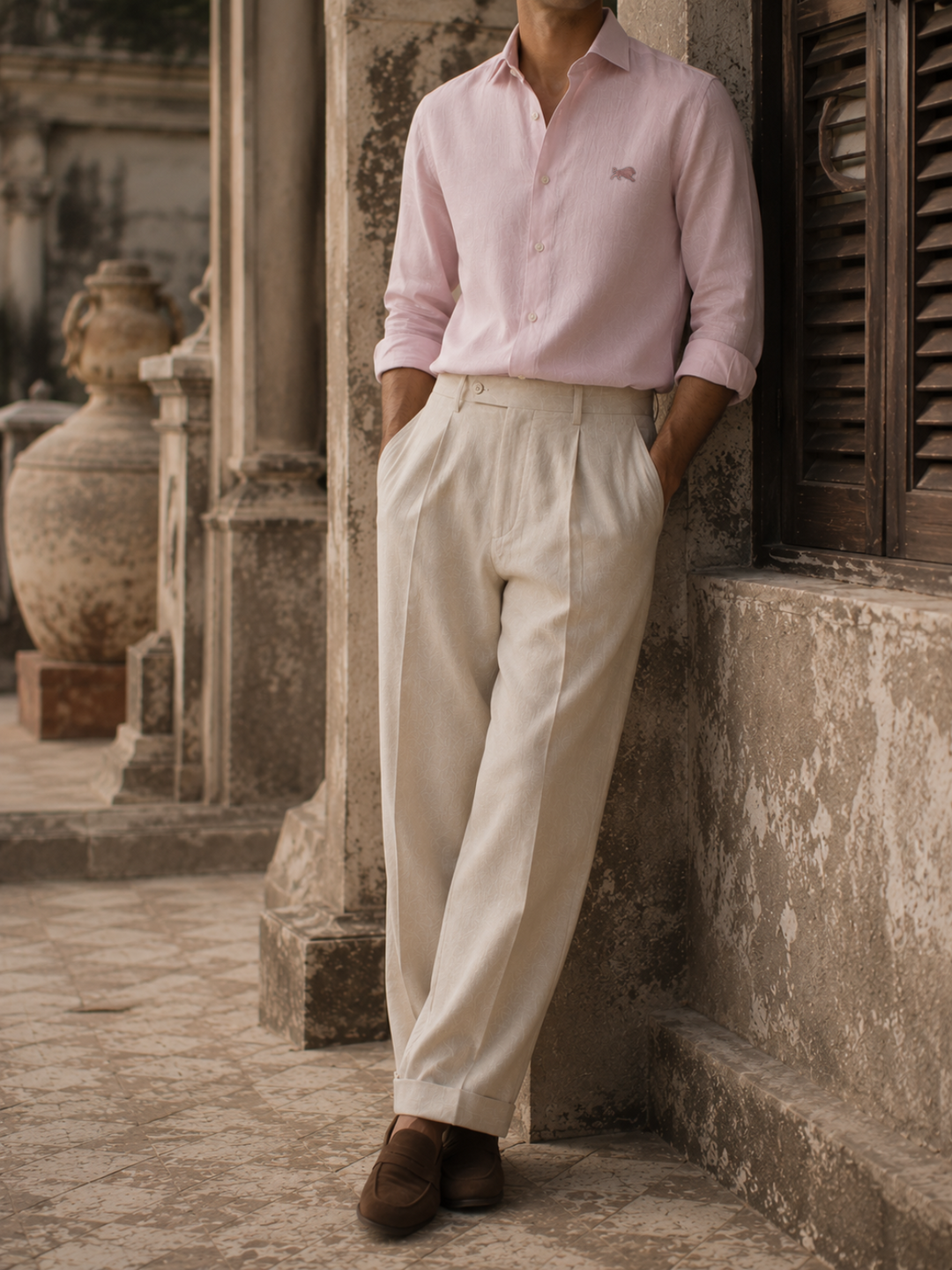 Blush pink linen shirt trouser pairing
